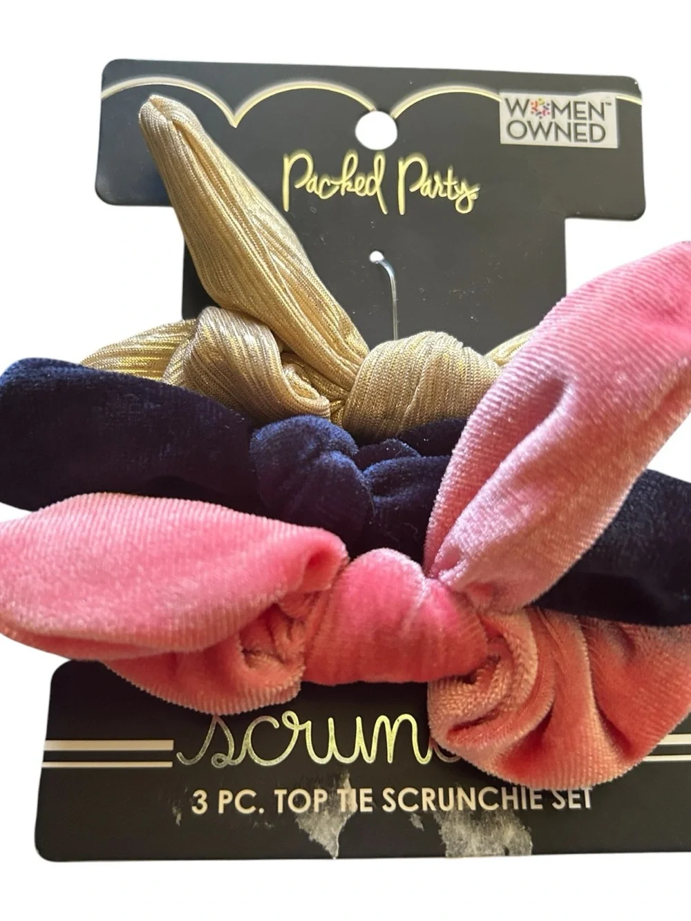 4/$20 Packed Party Pink, Navy & Gold Velvet Top Tie Scrunchie Set